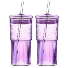 20 oz 2-pack purple glass straw cup with vertical pattern cup and lid, high borosilicate heat-resistant glass cup for juice, milk and cold drinks