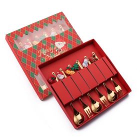 6pcs /Pack Christmas Mixing Spoon Fruit Fork With Pendant Flatware (Color: Gold, Options: Spoon & Fork)