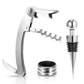 3Pcs Corkscrew Bottle Opener Set Tool Foil Cutter Drip Collar Protector Cork Stopper Wine Bottle Cap Opener (Option: Silver)